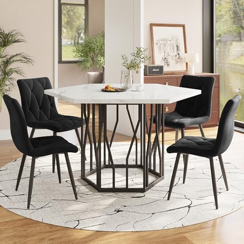 LAKFEW Esstisch mit 4 Stühlen, Esszimmerstühle 4er Set mit 115.5 x 100 cm Marmor-Esstisch und 4 Esszimmerstühle, Essgruppe Tisch und Stühle Set, Küchenmöbel, Schwarz