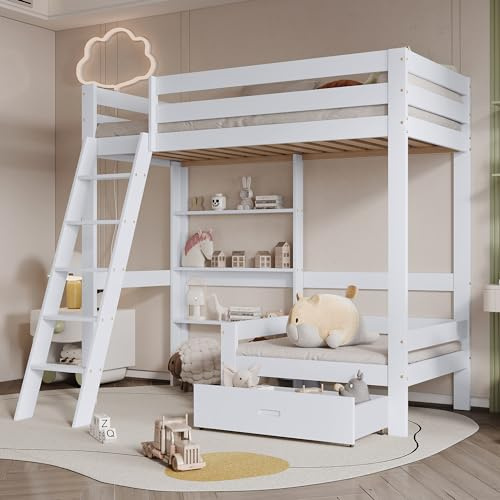 Etagenbett mit Sofa und Regalen, Massivholz Hochbett mit Schublade und schräger Leiter, stabiles Bettgestell mit Fallschutz und Geländer, modernes Multifunktionsbett