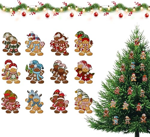 24 Adornos Navideños de Madera para Colgar - Set Completo de Hombres de Jengibre Vintage con Cuerda - Decoración para Árbol de Navidad, Ventanas, Puertas y Manualidades