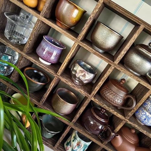 Blazea Wooden Display Shelf Tea Cup Organizer, Wall Mounted Coffee Mug Rack Vintage, Hanging Teapot Stand for Living Room/Kitchen/Office Decor(5x5 25 Slots)
