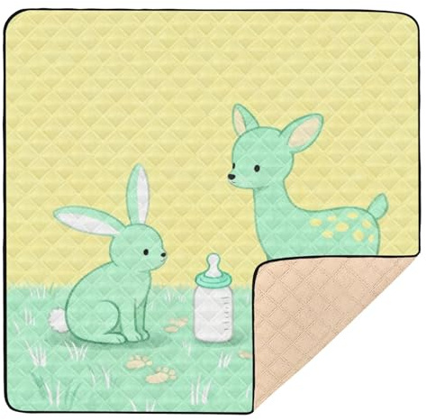 Baby-Spielmatte mit Hasen- und Hirschmotiv, niedlich, faltbar, für den Boden, wasserabweisend, für Neugeborene, Babys, Kleinkinder, 127 x 127 cm