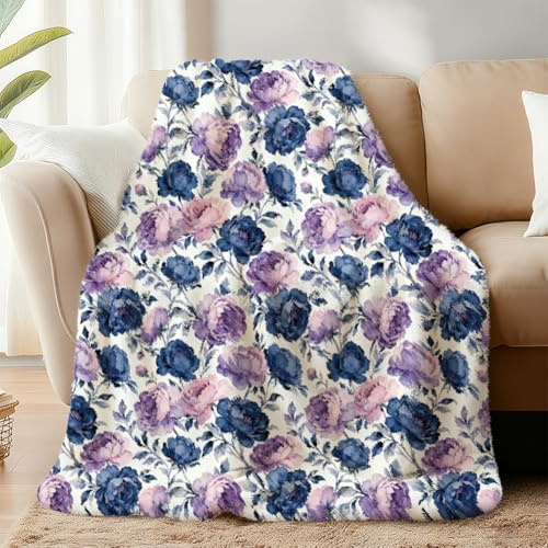 WADORN Decke Mit Lila Blumen Dekorative Blumendecken Kuschelig Und Bequem Für Jede Jahreszeit Mit Blumenmuster Flauschig Weiche Flanell Fleecedecke Für Schlafzimmer Sofa Bett Couch 150x130cm