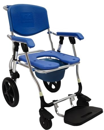 Toilettenstuhl Klappbar Duschstuhl mit Rollen, Wheelchair Multifunktionales Hilfsmittel mit Armlehnen und Rückenlehne, für ältere Menschen, Behinderte, Schwangere und Menschen