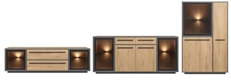 moebel-dich-auf Wohnwand Nardo in Wildeiche Verschiedene Board-Sets, Lowboard, Sideboard, Highboard, Braunglas, Softclose, inkl. LED-Beleuchtung