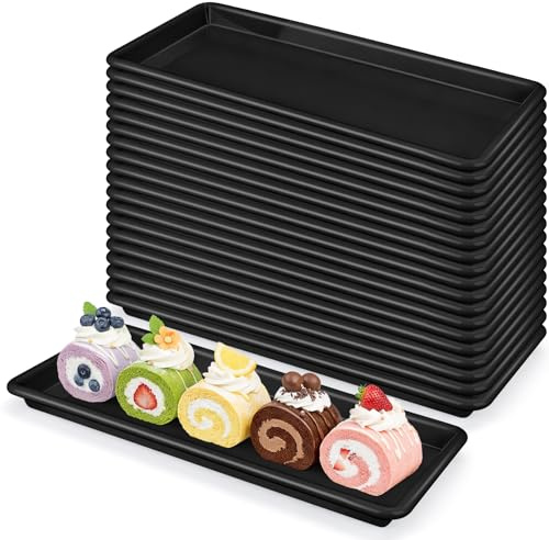 Serviertablett Kunststoff Schwarz, 20 Stück 35,5 x 15 cm Rechteckig Servierplatten Set, Wiederverwendbar Snackplatte für Party, Hochzeit, Sushi, Dessert & Buffet, Spülmaschinenfestes Plastik Tablett