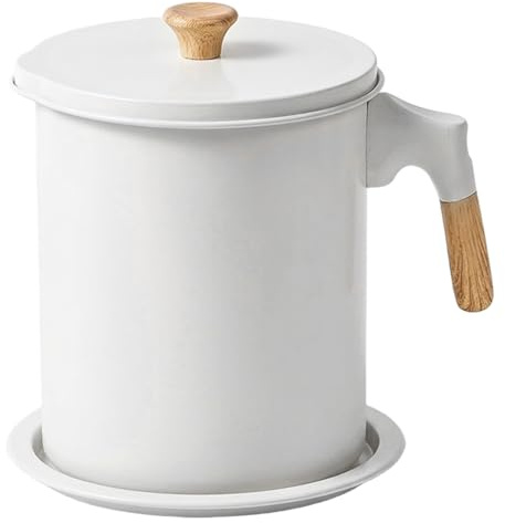 1.4L Grease Container for Kitchen with Stainless Steel Filter & Wooden Handle, Oil Strainer Pot with Lid and Tray, Bacon Grease Saver, White