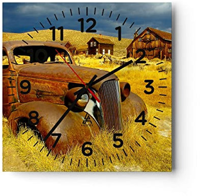 Modern Wanduhr Bauernhof altes Auto aufgegeben 30x30cm Quadrat Klein Wand Uhr Glas Analog Zimmeruhren Küche Büro Wohnzimmer Glasuhr Wall Clock Dekoration Design Wanddekoration Küchenuhr C4AC30x30-1289