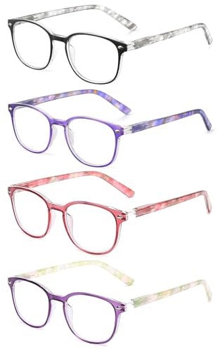 JM Reading Glasses Women with Spring Hinge 4 Pack, Lightweight Quality Vintage Readers Colorful Square Glasses for Ladies +1.25 Magnifying