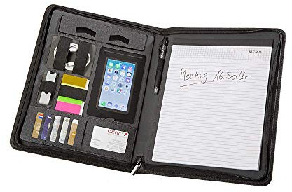 Genie München A4 Schreibmappe - extradünn & strapazierfähig; Nylon & Lederoptik; inkl. Schreibblock; Tablet- / Smartphone Halterung & Fach; Stiftehalter; Einschubfächcher; Visitenkartenfach