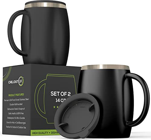 CHILLOUT LIFE Isolierte Edelstahl-Kaffeetassen, 2er-Set, 400 ml, doppelwandige Kaffeetassen mit auslaufsicherem Deckel und starkem Griff, bruchsichere Tassen für kalte Getränke, heiße Getränke