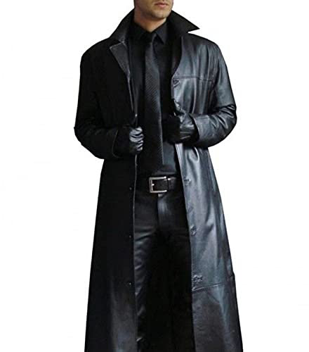 Vestes en Cuir Noir pour Hommes Manteaux en Cuir Pleine Longueur pour Hommes Biker Classique Faux Slim Fit Moto Manteau Long