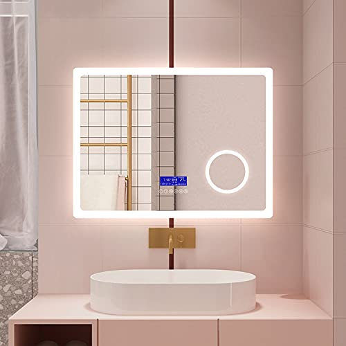 Huiyang Miroir Bluetooth Salle De Bain 80cm x 60cm avec Couleur LED Réglable + Antibuée + Panneau LCD (Tactile, Haut-Parleur Bluetooth, Horloge, Date, Température) + Miroir grossissant