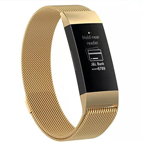 HYKEJI Armband Kompatibel mit Fitbit Charge 3 Armband/Fitbit Charge 4 Armband, Metal Mesh Edelstahl Damen Herren Armband mit Magnet für Fitbit Charge 3 / Fitbit Charge 4 (F)