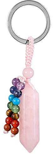 KYEYGWO Rose Quartz Crystal Point Keyring for Men Women, 7 Chakra Crystal Hexagonal Key Ring Bag Decorative Handmade Keychain Lucky Charm Reiki Healing Gemstone