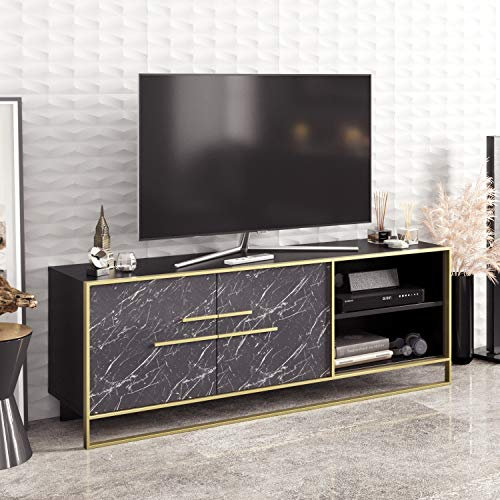 DECOROTIKA Polkana Medienkonsole und TV-Ständer, Holz Polyvinylchlorid, Schwarzer Marmor-Effekt, 160 x 38.5 x 56.6
