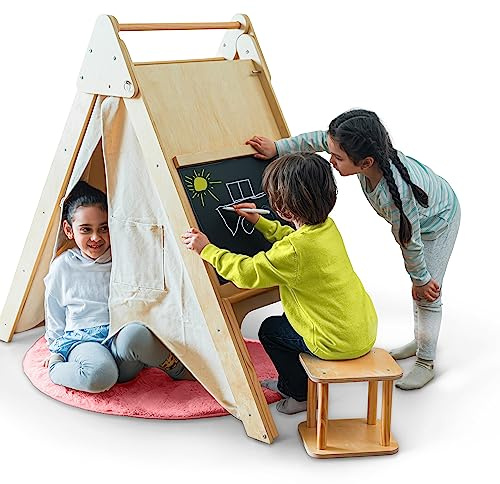 Avenlur Oak Foldable Triangle Climber 5 in 1 Kids Playhouse Hideaway Montessori Learning Play Tent, Desk, Chair Stool, Art Easel, Chalkboard, Teepee Climbing, Crawling Tunnel Toy Toddler Playset