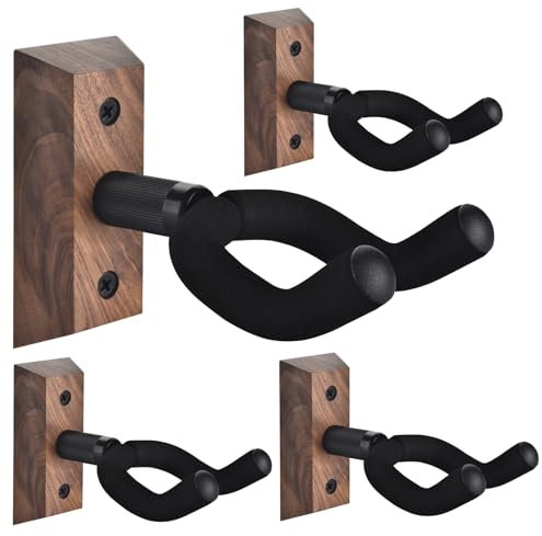 Supporto da parete per chitarra 4 Pack, supporto per chitarra con gancio morbido regolabile per chitarre di tutte le dimensioni, porta basso da muro a forma di U in legno duro per chitarra acustica