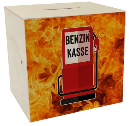 Benzinkasse Zapfsäule Spardose aus Holz mit Flammen Hintergrund EIN Sparschwein für Spritgeld Tankgeld Kasse Sparbüchse Sparen Auto praktisch Diesel E10