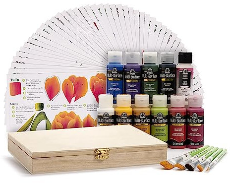 FolkArt One Stroke A to Z of Floral Painting Kit, Including 10 Multi-Surface Paints, 5 Brushes, 50 Full-Color Teaching Guides, Floating Medium, and 1 Wood Storage Box