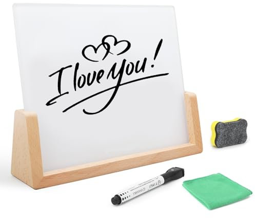 Whiteboard aus Glas mit Holzsockel, kleines Whiteboard aus Glas, trocken abwischbar, Mini-Whiteboard, tragbares Schreibtisch-Whiteboard für Zuhause, Büro, 17 x 14,9 cm Zubehör enthalten