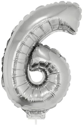 PARTY DISCOUNT NEU Mini-Folienballon am Papierstäbchen, Zahl 6, Silber, ca. 40cm