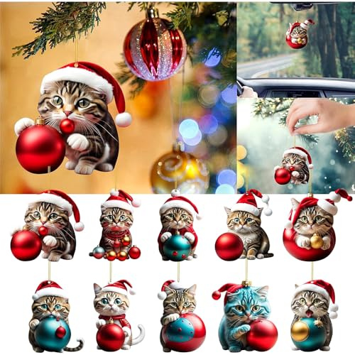 Fivtsme Weihnachtsbaum Katzen Anhänger, 10 Stück Süße Katzen Weihnachtsanhänger, Weihnachtsbaumschmuck 2D Acryl Weihnachten Katze, Acryl Katze Anhänger, Lustig Katzen Weihnachten Deko Auto Anhänger