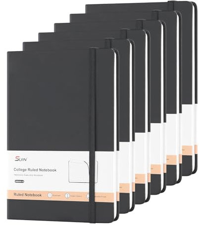 SUIN A5-Notizbücher, Hardcover, liniert, Schwarz, 6 Stück, je 200 Seiten