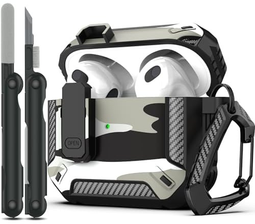 RFUNGUANGO Custodia Compatibile con AirPods 3 generazione con kit di pulizia, armatura protettiva militare con serratura Compatibile con custodia di ricarica AirPod Gen 3 2021,Colore mimetico