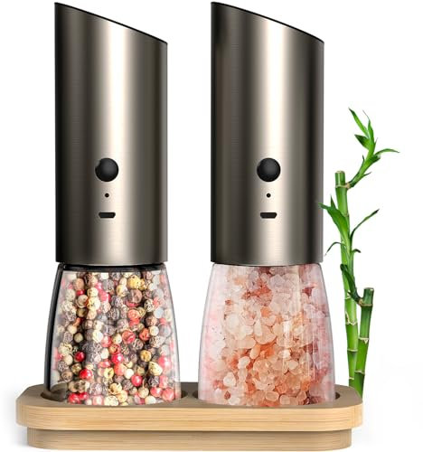 HOTFROST Juego de molinillo eléctrico de sal y pimienta - Salero y pimentero automático con base de bambú, luz LED - Juego de molinillo de sal y pimienta de cerámica duradero recargable - Elegante y