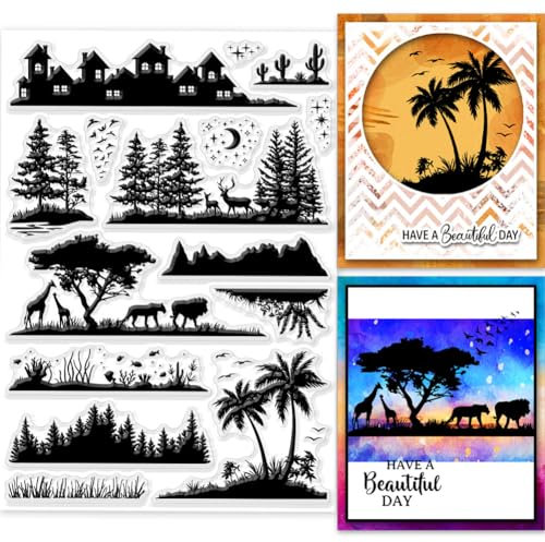 GLOBLELAND Transparente Stempel Mit Landschafts Silhouette Für Kartenherstellung Landschaft Und Tiere Klare Stempelsiegel Transparente Stempel Für DIY Scrapbooking Fotoalbum Tagebuch