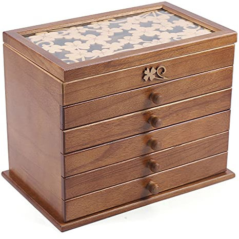 HOARLICN Große Schmuckkasten,6 Schichten Hölzerne Schmuckkästchen Koffer Gift Kasten Geschenke Vitrine Schmuckkasten Mit Floralen Schnitzereien Design Retro Holz Braun