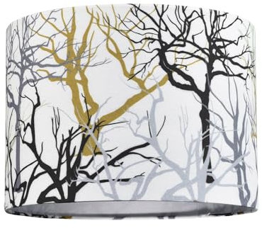 Happy Homewares Modern Off-White Lamp Shade with Eye-Catching Silver Gold and Black Woodland Trees Decoration | 25cm x 18cm | Features Inner White Cotton Lining
