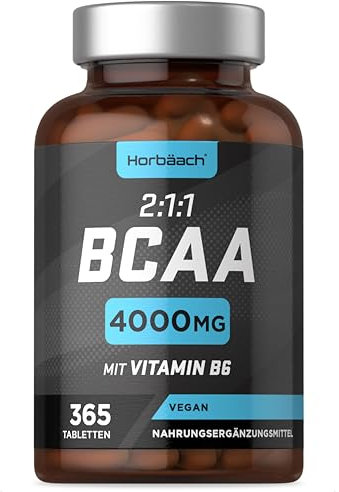 BCAA Tabletten | 365 Stk - Bis zu einem Jahresvorrat | Essentielle Aminosäuren Leucin, Valin und Isoleucin Plus Vitamin B6 | 1000mg pro Tablette | von Horbaach