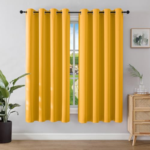 Joydeco Verdunkelungsvorhänge Zitronengelb mit Ösen 2er Set H 158 x B 132 cm, Kurze Vorhänge Blickdichte 158 cm Lang für Küche Schlafzimmer