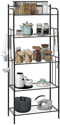 HOMCOM 5-Tier Kitchen Storage Unit, Microwave Stand with 5 Mesh Open Shelves and 4 Hooks, Modern Coffee Bar Station with Steel Frame for Living Room, Black