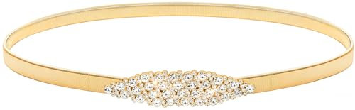 LIMHOO Damen Skinny Schmaler Metall Taille Gürtel Elastische Dünne Taille Gürtel Für Kleid Stretch Kette Gürtel (HY19414 Gold Mittel)