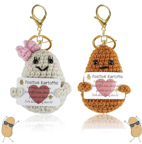 VicBou 2 Stück Glücksbringer Positive Kartoffel, Lustige Gestrickte Kartoffel mit Schlüsselanhänger Geschenke, Positive Kartoffel mit Positiver Energiekarte, Lustige Positive Kartoffel Puppe Geschenk