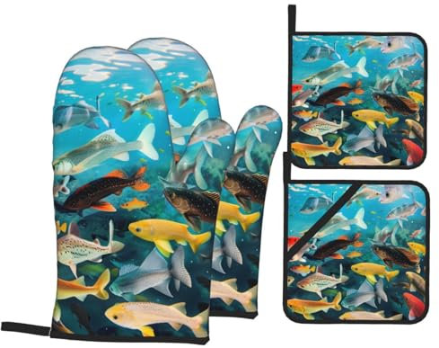 Colorful Fishes Oven Mitts and Pot Holders Set of 4 - Heat Resistant, Waterproof Fabric - Ideal for Kitchen, Baking, Barbecue - Idea Gift!