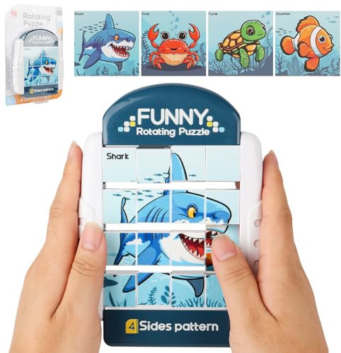 YAOZUP Spielzeug 4-in-1 Puzzle 16 Teile, Drehbares 3D Puzzle, Montessori Puzzle für Kinder, Geduldspiele Lernspielzeug Motorikspielzeug, Kinderpuzzle Steckpuzzle Geschenk für Kinder (Meereslebewesen)