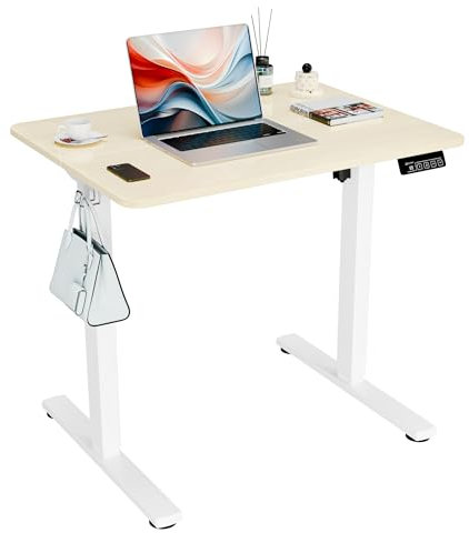 ERGOMAKER Elektrisch Höhenverstellbarer Schreibtisch 80×60 cm – Kleiner Stehschreibtisch mit 2-teiliger Tischplatte, Schreibtisch Höhenverstellbar für Home Office(Weißes Gestell + Eiche Tischplatte)