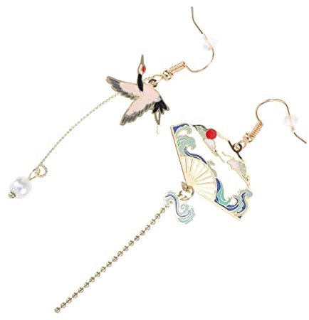 SAFIGLE Asymmetrical Fan Shaped Tassel Earrings for Women Chinese Crane Drop Earrings Ethnic Semi Circle Dangler for Party