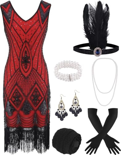 ELFIN 20er Dresses Flapper Kleid Damen Pailletten Fransen Kleid 20er Party Kleid Cocktailkleid Vintage 1920er Kostüm Kleider Set mit Stirnband, Kopfbedeckung, Langen schwarzen Handschuhen, Halskette