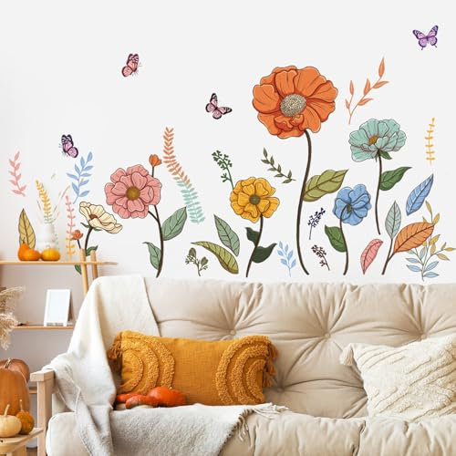 SHUCHING Boho Große Blumen Wandsticker, Bunte Gartenblumen Wandaufkleber, Wildblumen Wandtattoos für Wohnzimmer Schlafzimmer Wanddeko DIY