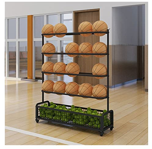 MYVVKIA Sports Ball Storage Stand 5 Tier Rolling Sports Ball Storage Cart on Wheels, Floor Standing Commercial Basketball Soccer Tennis Ball Equipment Organizers Rack Holder, La