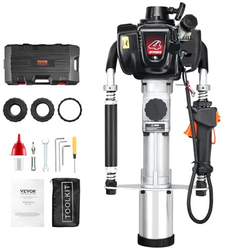 VEVOR 37,77 cc Pfahlramme Benzin, 4-Takt-Zaunpfahlramme mit Benzinmotor, mit 3 Pfosten-Rammköpfen (45/55/88 mm), tragbarer 1000-W-Pfostenramme für Bauernhöfe, Ranchzäune, Straßenverbesserungen