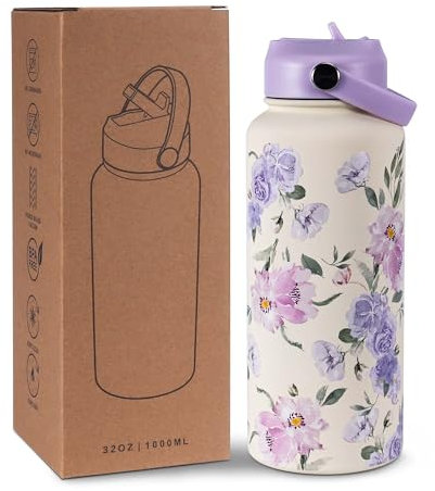 Goetland Flowers Water Bottle 1l Beverage Bottle with Straw Lid Stainless Steel Wide Mouth Vacuum Insulated Cute UV Printing Leak Proof for Women Girls Kids Mauve