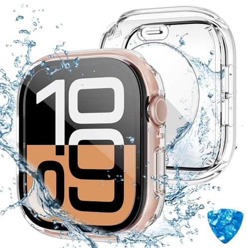 HWeggo [2 in 1] Waterproof Case for Apple Watch Series 11/10 46mm Screen Protector,360 Protective PC Cover Tempered Glass,Front & Back Bumper for iPhone Watch 46mm (Clear)