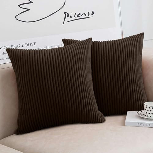 Moonlight Bedding Cushion Covers 45 x 45 cm Set of 4Pcs (2 covers, 2 inserts) Coffee Soft Stripe Throw Pillow Cases with Invisible Zipper for Living Room Bed Sofa