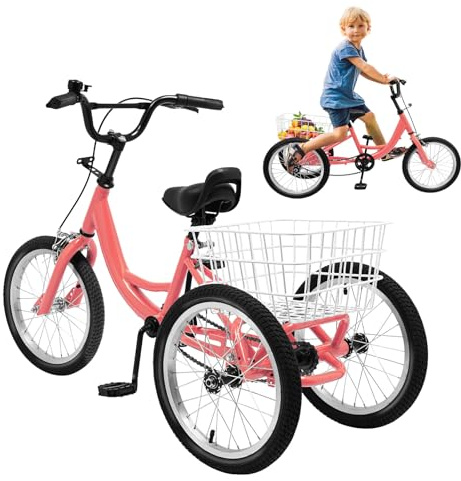 Fridgestea Kinder Dreirad 16 Zoll für 7-10 Jahre – 3-Rad Fahrrad mit großem Korb (33x33x20 cm), verstellbarem Sitz & Lenker, 110 lbs Tragkraft, Klemmbremse, reflektierenden Aufklebern – Hellorange