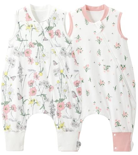 Duomiaomiao Baby Schlafsack mit Füßen,2er Pack 1.0 Tog Kinder Ganzjahres Frühling Schlafsack,100% Baumwolle Schlafsack Baby, Jungen Schlafdecke mit Beinen(75CM/Rosa+Blume)